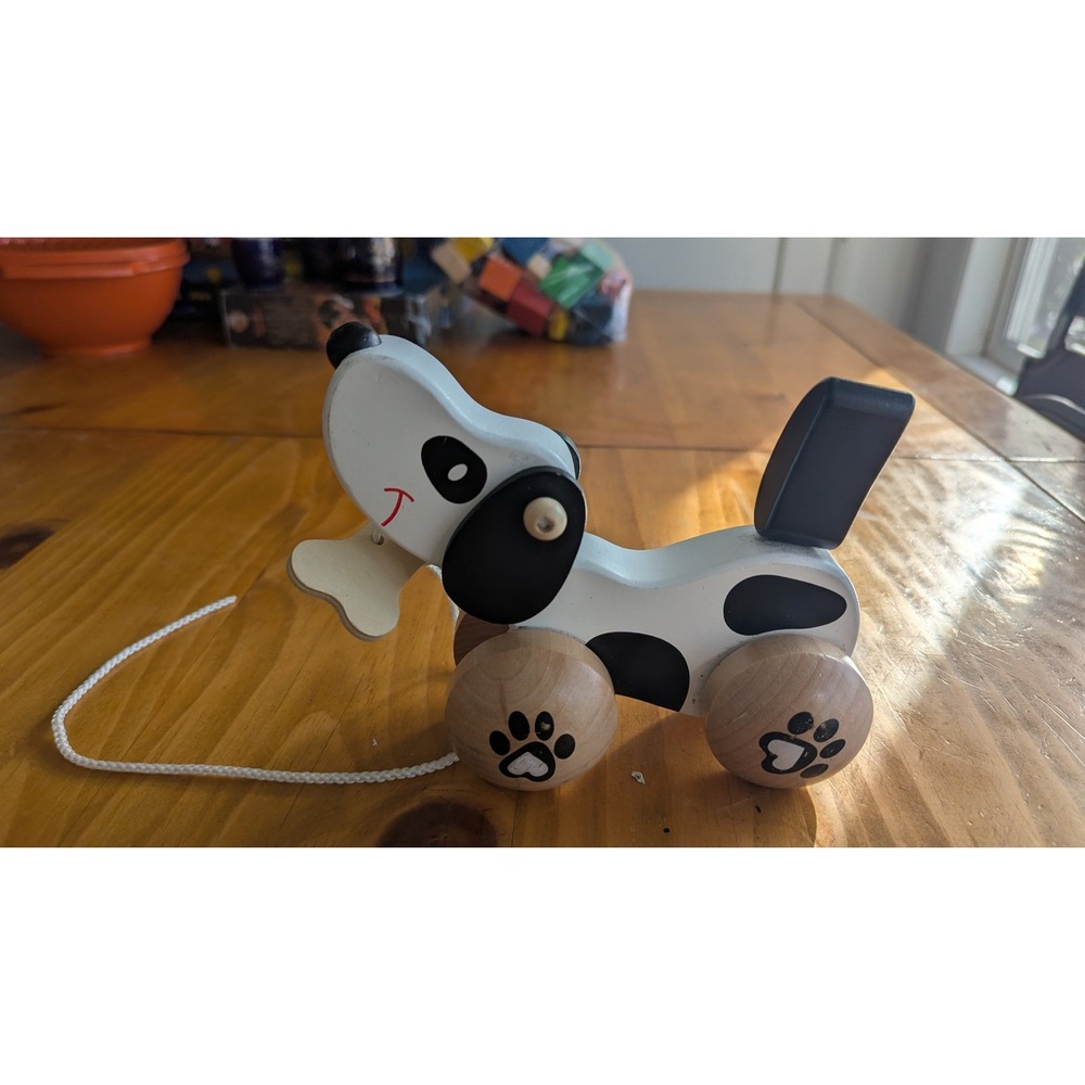 Classic World Wooden Pull Toy Dog‎ Spotted Puppy with Bone Handle and Bell